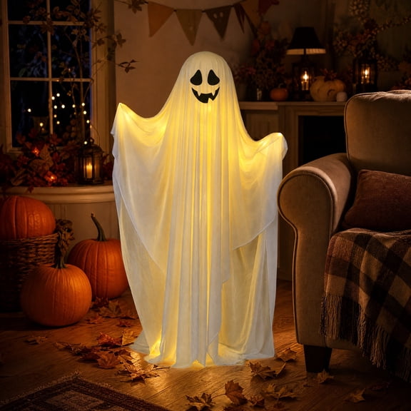 Halloween Light Up Ghost Decoration Indoor Standing Ghost LED Decor Polyester Haunted Display For Porch Patio Fireplace Mantel Party Scene Holiday Home Spooky Ornament Set With Accessories