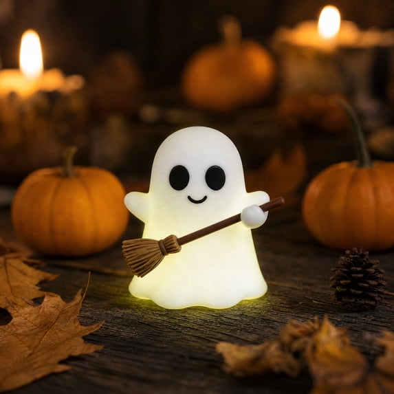 Halloween Light Up Ghost Figurine with Black Witch Hat, Cute Spooky Mini Glowing Ghost Desktop Ornament for Halloween Party, Bedroom Shelf Decor, Micro Landscape Fall Home Halloween Decoration,C