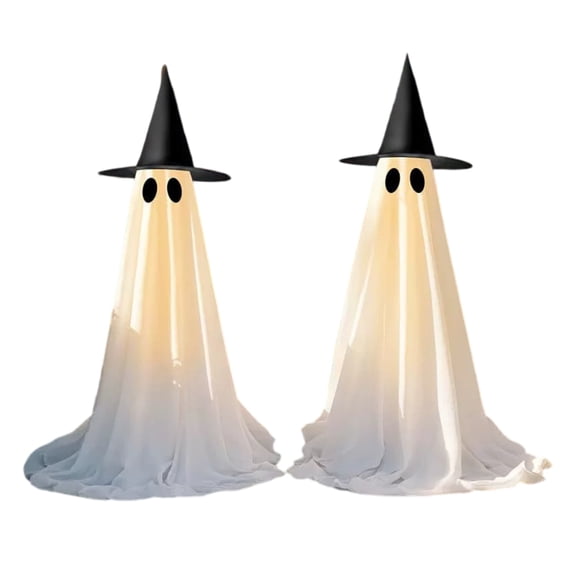 Halloween Light Up Ghosts, 2 Pcs LED String Lights Remote Control Standing Ghost Decoration, Halloween Indoor Outdoor Ghost Figures for Front Yard, Walkway & Entryway