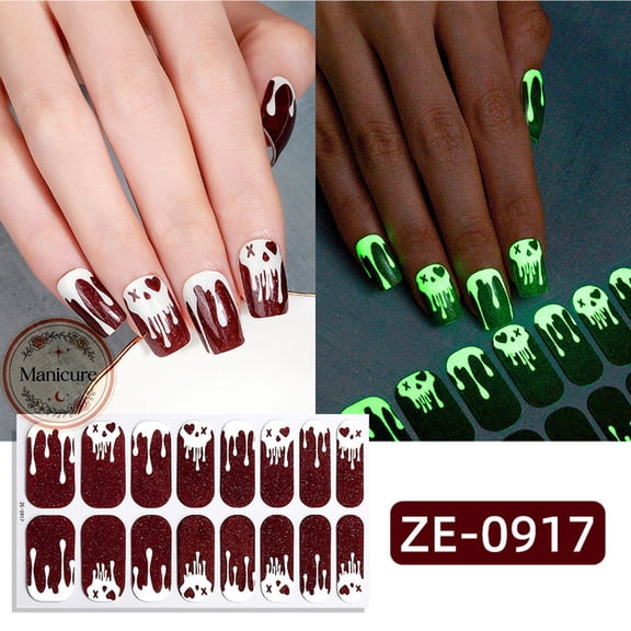 Halloween Light Nail Polish Strips, Dark Gothic Skull Ghost Drip Pattern Nail Wraps, Glowinthedark SelfAdhesive Nail Stickers, for Halloween Party Cosplay Daily DIY Manicure Decoration