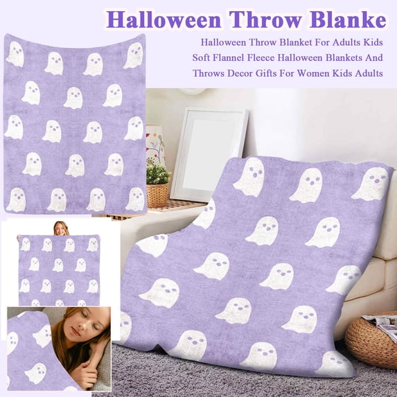Halloween Light Purple Ghost Throw Blanket, Soft Warm Fuzzy Flannel for Kids Teens Adults, Cute Spooky Print Holiday Decor Gifts, Warm Fall Bed Couch Sofa, 50x60in