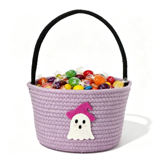 Halloween Light Purple Ghost Witch Hat Cotton Linen Woven Basket, Handheld Halloween Candy Tote Bucket, Multipurpose Snack Gift Organizer For Fall Party Indoor Table Decor.7.1*6.3 in.B