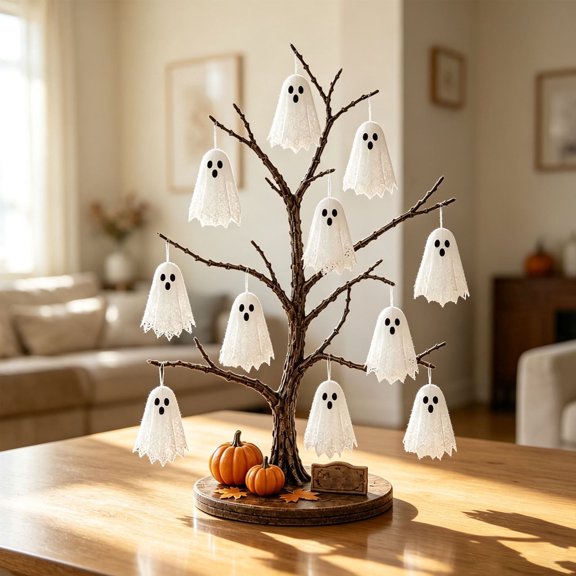 Halloween Light Up Spooky Tree Tabletop Decor, Ghost Tree Centerpiece with Lace Ghost Hanging Ornaments, Mini Pumpkin Sign, Halloween Tree Decoration for Mantel Desk Shelf Party Indoor Home Decor