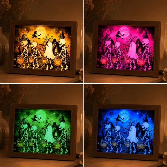 Halloween Light Up Art Frame, Skeleton Ghost Castle Illuminated Picture, 3 Lighting Modes USB Tabletop Wall Decor for Home Party
