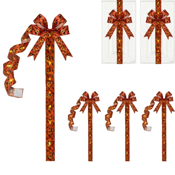 Halloween Light‑Up Cabinet Bow Decoration, LED Pumpkin Ribbon Wreath, Reusable Giant Bow Garland, for Indoor Outdoor Fall Halloween Party Wall Hanging Decor