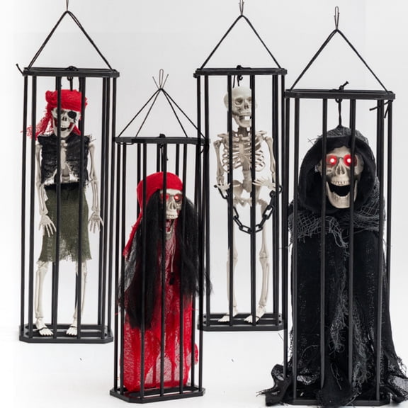 Halloween Light-Up Cage Skeleton, 16.9 in Plastic Hanging Decor for Home, Yard and Halloween Party Decorations