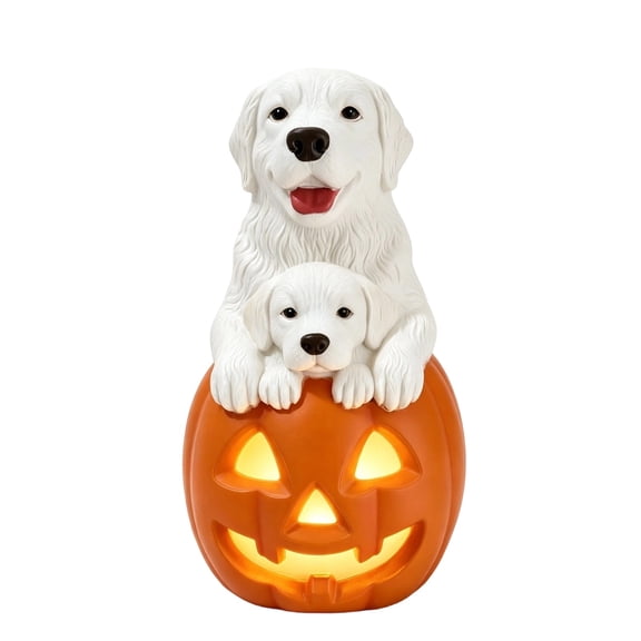 Halloween Light‑Up Dog Figurine With Pumpkin 8Inch Resin Statue ndoor Outdoor Patio Decor, Pathway Accent & Dog Lover Gift