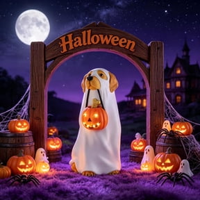 Halloween Light Up Ghost Dog Blow Mold, 24 inch Glowing Dog in Ghost Costume with LED Lights, Spooky Cute Yard Porch Decoration Indoor Outdoor Party
