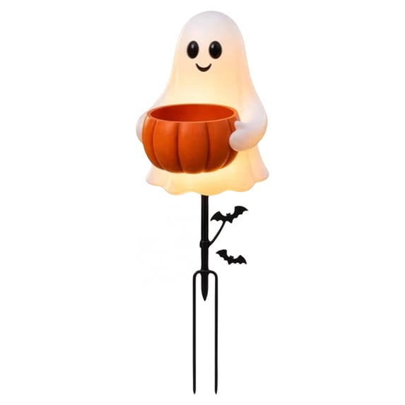 Halloween Light-Up Ghost Garden Stake - Resin Glowing Ghost Holding Pumpkin Bowl with Black Cat Metal Yard Stake for Lawn & Pathway Decor