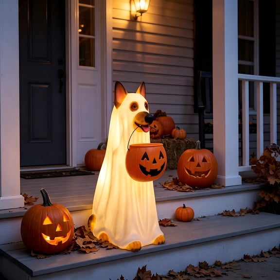 Halloween LightUp Ghost German Shepherd Figurine, LED Glowing Dog Statue with Pumpkin Candy Bucket, Waterproof BlowMolded Outdoor Yard & Porch Decoration