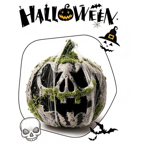 Halloween Light-Up Mossy Pumpkin Decor, Weathered Jack-O-Lantern with Spider Web, Spooky LED Glow Pumpkin Statue for Haunted House, Indoor/Outdoor Halloween Decorations