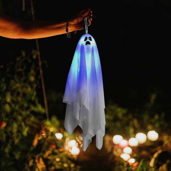 Halloween Light-Up Motion-Activated Hanging Ghost, Scary LED Blue Light Ghost with Sound Effects, Battery Operated Hanging Prop for Yard Indoor Spooky Decor