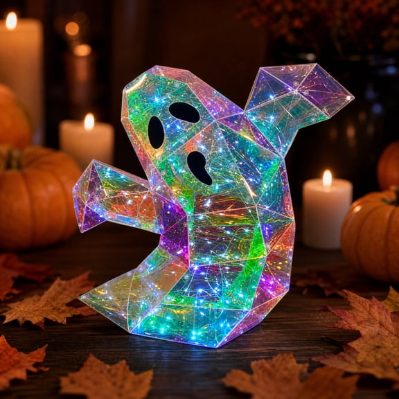 Halloween Light Up Prismatic Ghost Decor, 8'' Prismatic Iridescent Spooky Ghost, LED Iridescent Ghost Light for Birthday Party Decoration
