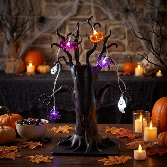 Halloween Light Up Spooky Tree Tabletop Decor, Black Haunted Tree with Ghost Spider Bat Pumpkin Lights Indoor Holiday Ornament, 16.93in x 11.81in