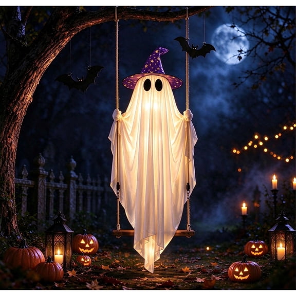 Halloween Light‑Up Swing Hanging Ghost Decoration, LED Fabric Ghost Ornament