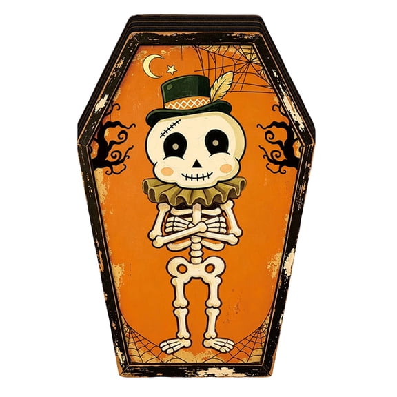 Halloween Light Up Tabletop Decoration Coffin Shaped Desk Accent with Bat Character Print for Indoor Display