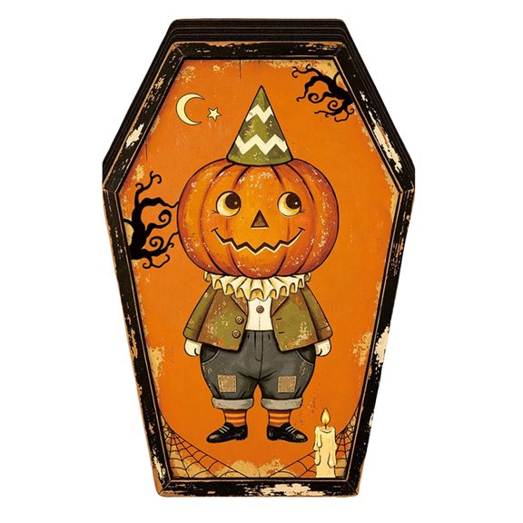 Halloween Light Up Tabletop Decoration Coffin Shaped Desk Accent with Bat Character Print for Indoor Display