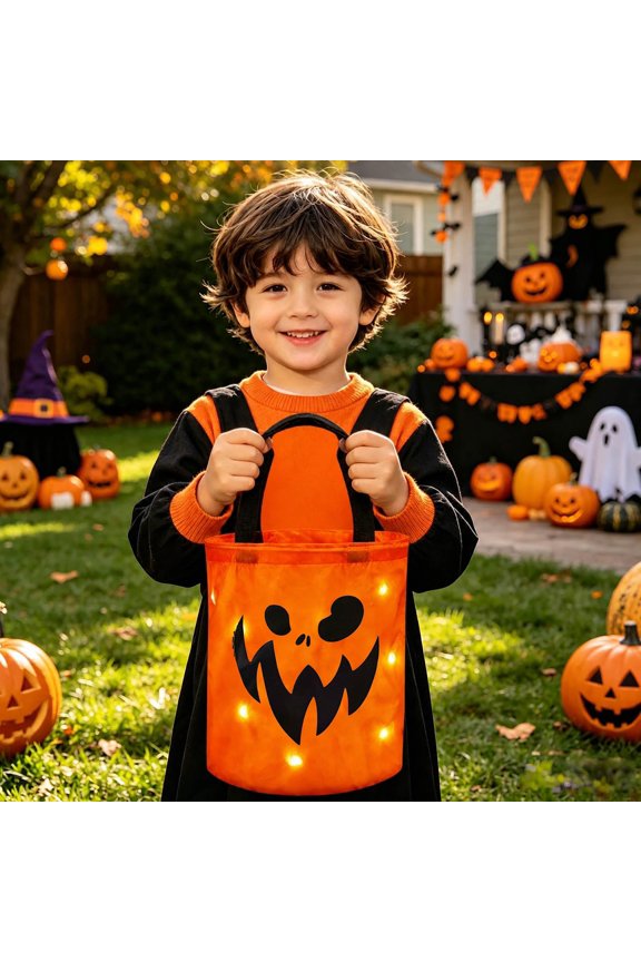 Halloween Light Up Trick or Treat Buckets, LED Light Pumpkin Candy Bags, Reusable Trick or Treat Gift Basket for Halloween Party
