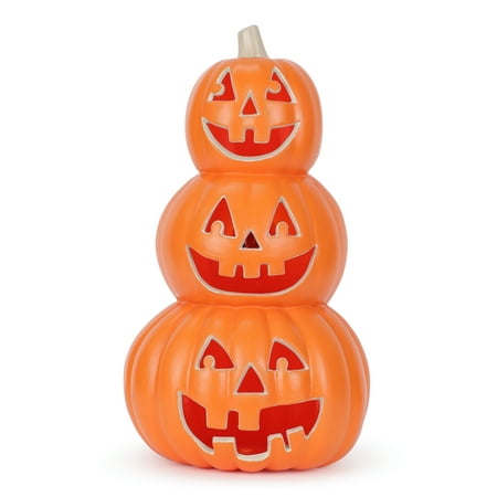 Halloween Light-Up Triple-Stack Jack-o’-Lantern Decoration, Orange, 9 in L x 9 in W x 16 in H, by Way To Celebrate