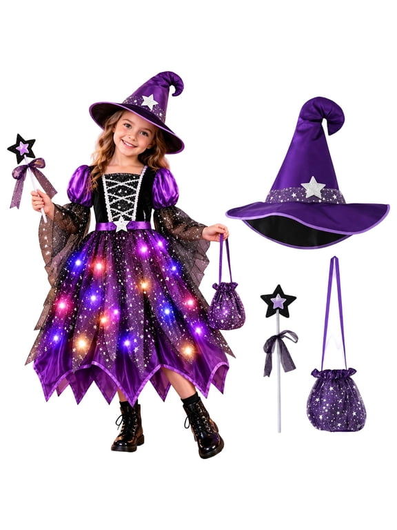 Halloween Light Up Witch Dress with Hat Wand and Bag for Halloween Party Dress Up Clothes Themed Party