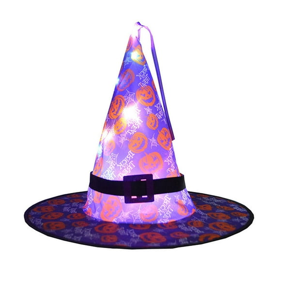 Halloween Light Up Witch Hat for Kids Adults Cartoon Pumpkin Print LED Light Wide Brim Wizard Hats for Cosplay