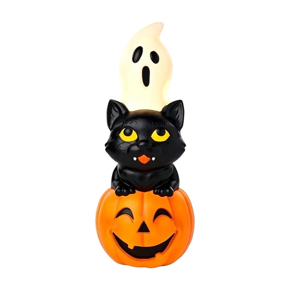 Halloween Lighted Black Cats Pumpkin Ghost Resin Figurine, Indoor Outdoor Tabletop Spooky Holiday Decor Ornament, Glowing Cat Pumpkin Statue