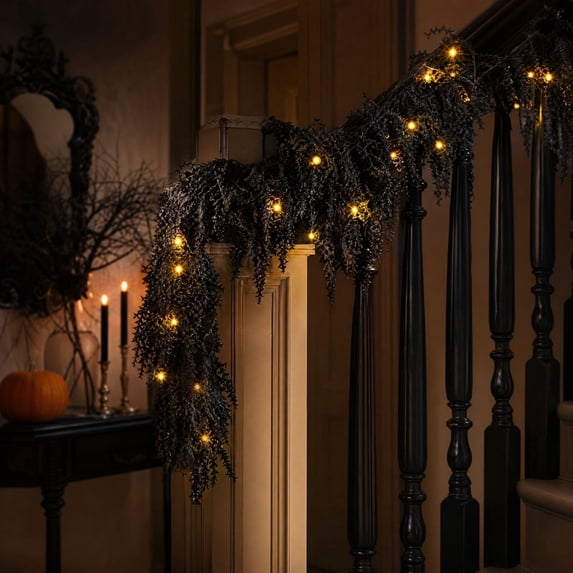 Halloween Lighted Black Twig Vine Garland, Gothic Artificial Black Branch Decor for Mantle, Stair Banister, Front Door, Indoor and Outdoor Use