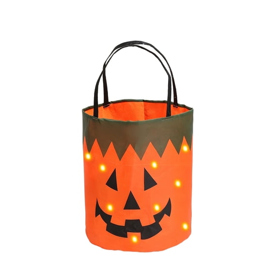 Halloween Lighted Cloth Candy Bags, Reusable Lightweight Pumpkin Print Candy Treat Bucket with Lights for Trick or Treaters