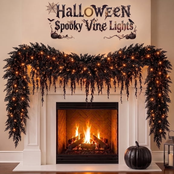 Halloween Lighted Creepy Vine Garland Faux Black Led Spooky Mantel Lights Gothic Glowing Branches Indoor Outdoor Fireplace Fall Decorative Home Decor