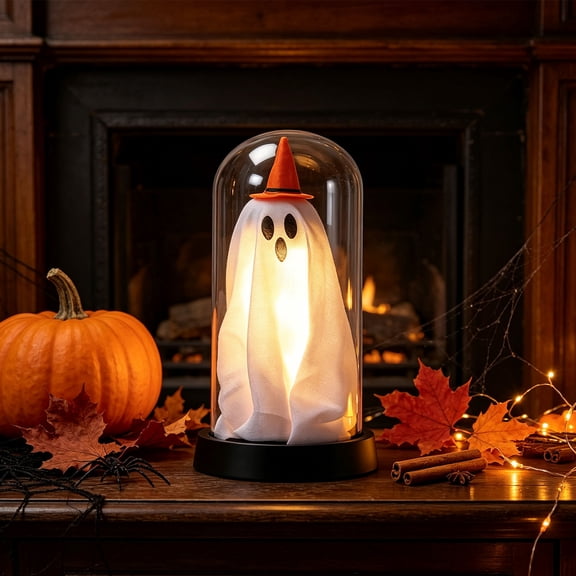 Halloween Lighted Ghost Decor, Halloween Decorations Indoor-Light Up Ghost in Glass Cloche, Cute Ghost with Light for Home Kitchen Mantel Tabletop Party Decor and Holiday Decorations, Yellow