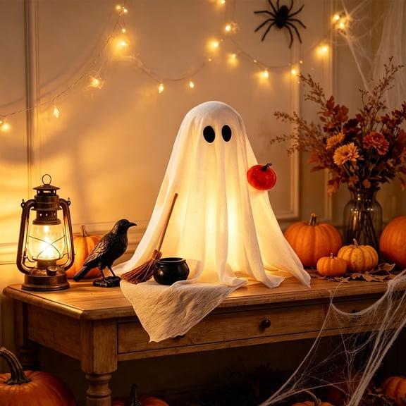 Halloween Lighted Ghost Decor - Soft White Fabric Glowing Ghost Figure - Indoor Outdoor Cute Spooky Decoration for Porch Mantel Yard