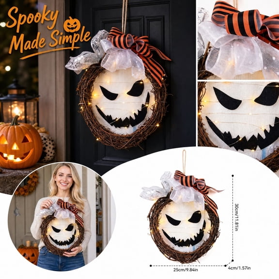Halloween Lighted Ghost Face Wreath, 10-Inch Spooky Twig Wreath with LED String Lights & Bowknot for Front Door Indoor Outdoor Home Party Wall Decor