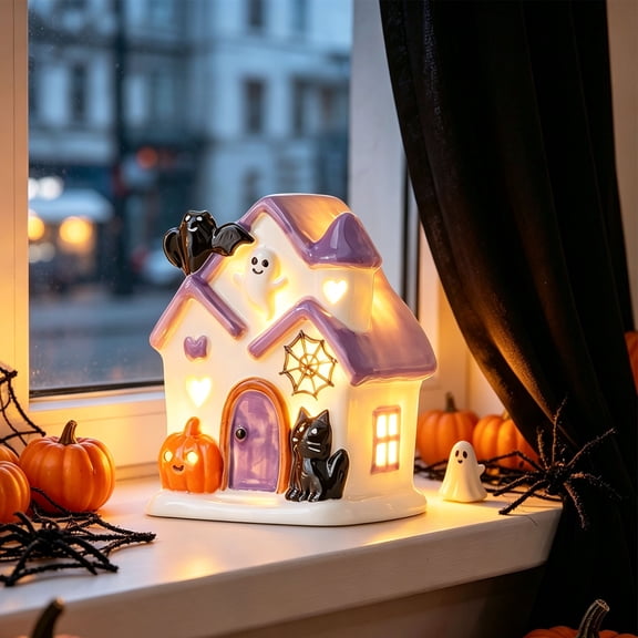 Halloween Lighted House - Ceramic Glowing Figurine for Tabletop, Mantel, and Window Decor