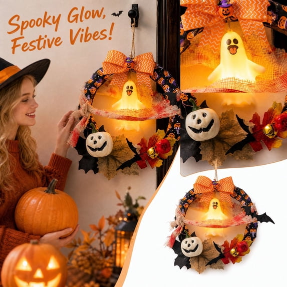 Halloween Lighted Pumpkin Wreath, Plastic Door Hanging Decoration with Glowing Pumpkin Accent, Festive Front Door Shop Window Wall Decor for Party and Home, Spooky Gift