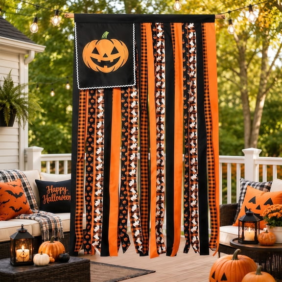Halloween Lighted Rag American Flag Banner 4 x 2.3 Ft, Rustic Tattered Fabric Stripe Banner for Front Door Porch Yard Patio Wall Halloween Decorations