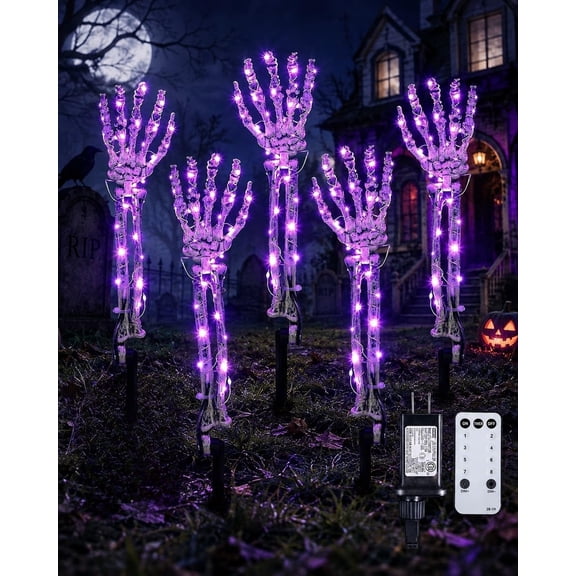 Halloween Lighted Skeleton Arm Stakes, 5-Pack, 150 LEDs, Outdoor Decor | 8 Lighting Modes | Timer Function | Waterproof Design