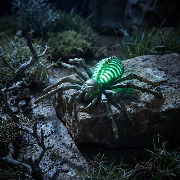 Halloween Lighted Spider Skeleton Figurine with LED Glow, Creepy Skull Spider Statue Decoration, Battery Operated Halloween Tabletop Decor for Haunted House Party Display