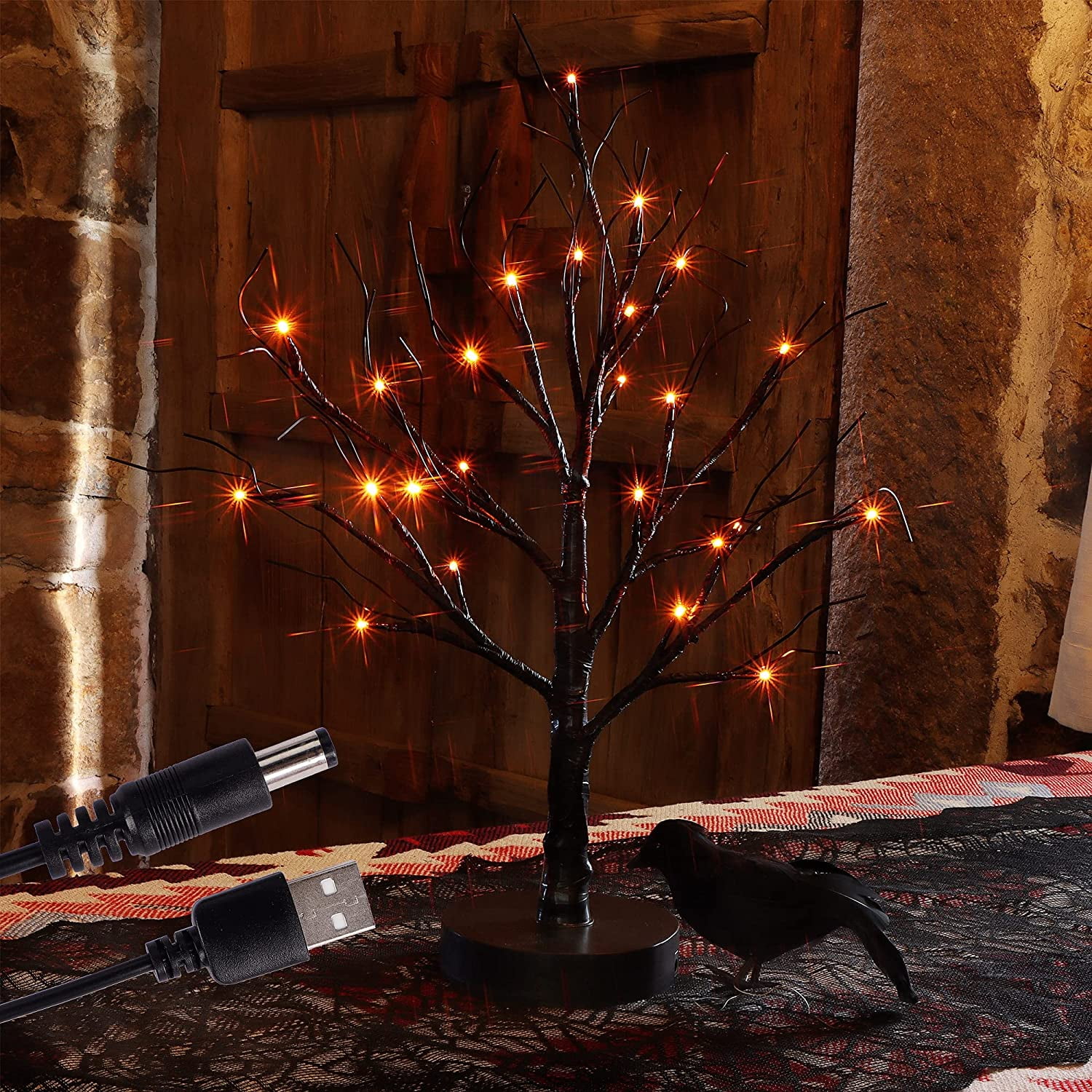 Halloween Lighted Tabletop Tree, 18IN Artificial Black Spooky Tree with