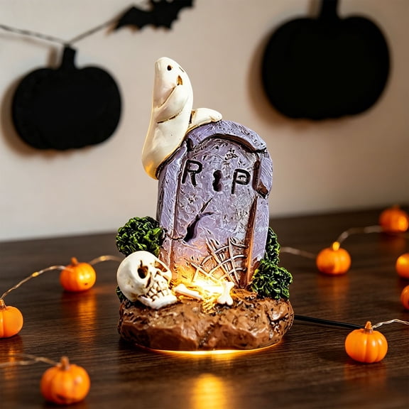 Halloween Lighted Tombstone Resin Decor, Small Grave Marker Ornament Spooky Desktop Statue Table Mantel Shelf Ghost House Display