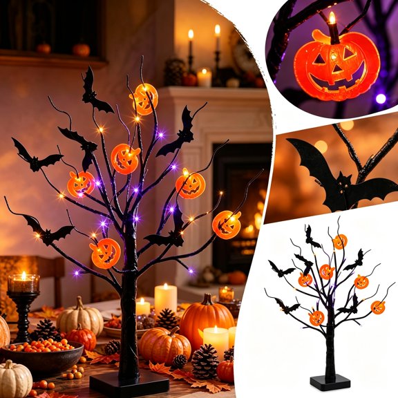 Halloween Lighted Tree Tabletop Decor Black Spooky Tree 24 LED Orange Purple Lights 6 Pumpkin 6 Bats Battery Powered for Home Desk Shelf Mantel Centerpiece