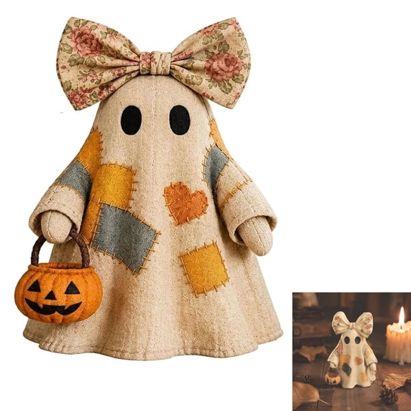 Halloween Lighted Vintage Patchwork Ghost Decorations, Light Up Ghost with Pumpkin Lantern Halloween Decor, LED Ghost Figurine, Halloween Decorations for Home Office Tiered Tray