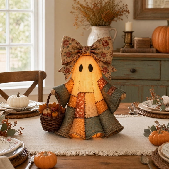 Halloween Lighted Vintage Patchwork Ghost Door Hanger Decorations, Floral Bow Quilted Light Up Ghost Decor for Rustic Farmhouse Autumn Wall