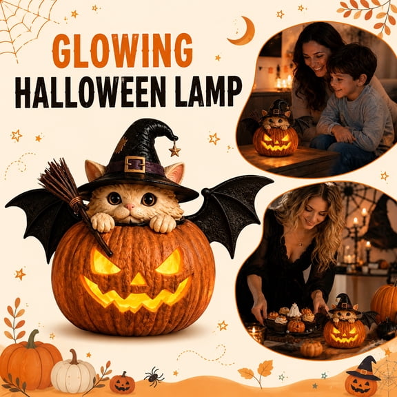 Halloween Lighted Witch Cat Pumpkin Figurine, Bat Wing Kitten in Jack-O-Lantern with LED Glow, Resin Statue for Patio Porch Tabletop, Fall Halloween Decor Gift for Cat Lovers