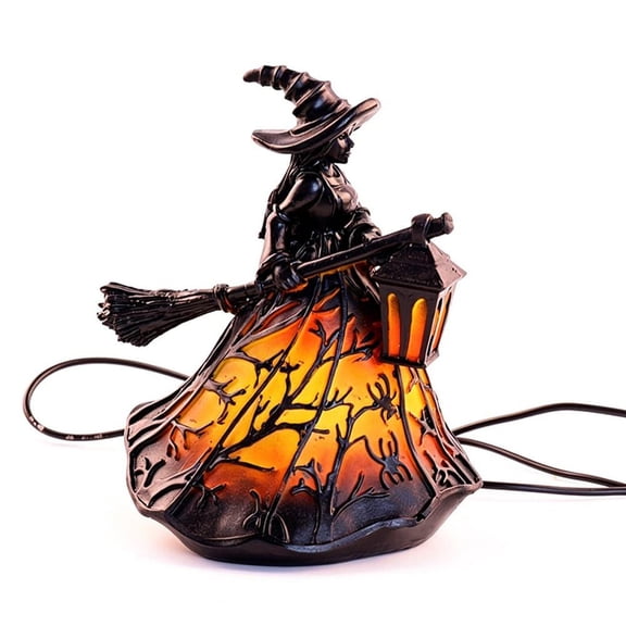 Halloween Lighted Witch Figurine, Gothic Resin Witch Lamp with Broom & Lantern, LED Tabletop Night Light Decoration for Home, Porch, Party & Holiday Gift
