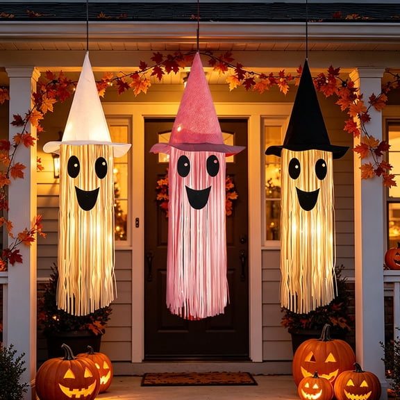 Halloween Lighted Witch Hat Ghost Hanging Decorations 3-Pack 31.5 Inch LED Ornaments for Porch Door Yard Party Home Decor