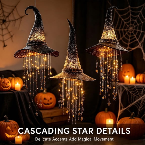 Halloween Lighted Witch Hat Hanging Chime, LED Glowing Star Tassel Witch Hat Wind Chime, Battery Operated Hanging Ornament with Soft Tinkling Sound for Porch, Patio, Yard Halloween Holiday Home Decor