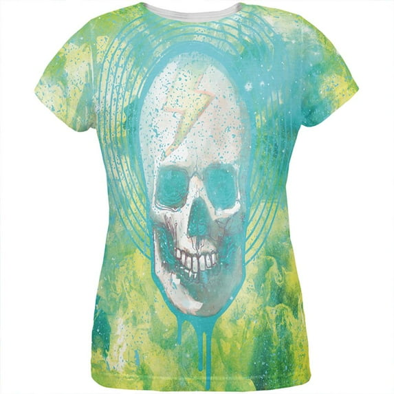 Halloween Lightning Bolt Skull Distressed Plasma All Over Womens T Shirt Multi LG