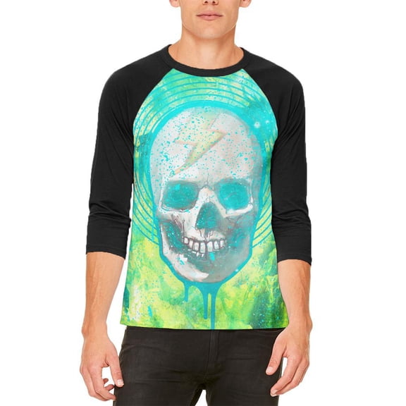 Halloween Lightning Bolt Skull Distressed Plasma Mens Raglan T Shirt White-Black X-LG