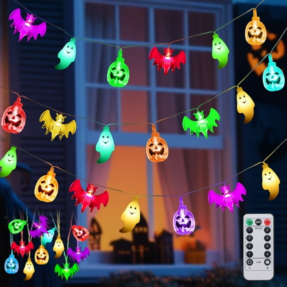 Qoosea Halloween Lights 14.8ft 30 LED Pumpkin Ghost Bat, 8 Modes Waterproof Halloween Decor Indoor Outdoor Party Home Decoration, Colored Lighting