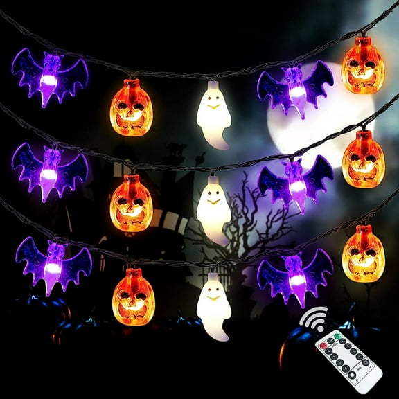 Halloween Lights, 20FT 30 LED Waterproof 3D Pumpkin Bat Ghost Battery Operated String Lights with Timer - 8 Lighting Modes Fairy Light for Window Indoor Outdoor Decor Halloween Party Decorations